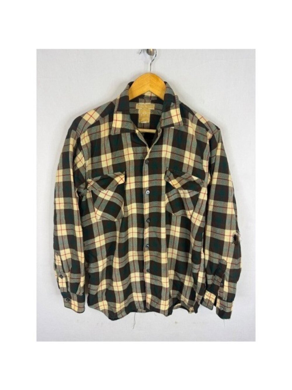 Vintage Hudsons Bay Company Wool Plaid Flannel Shirt Mens L Brown Green Canada